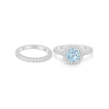 Two Piece Cushion Art Deco Wedding Ring Simulated Aquamarine CZ 925 Sterling Silver